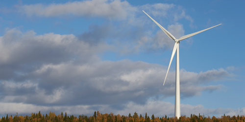 vindkraftverk i skogen mot en delvis molnig himmel.